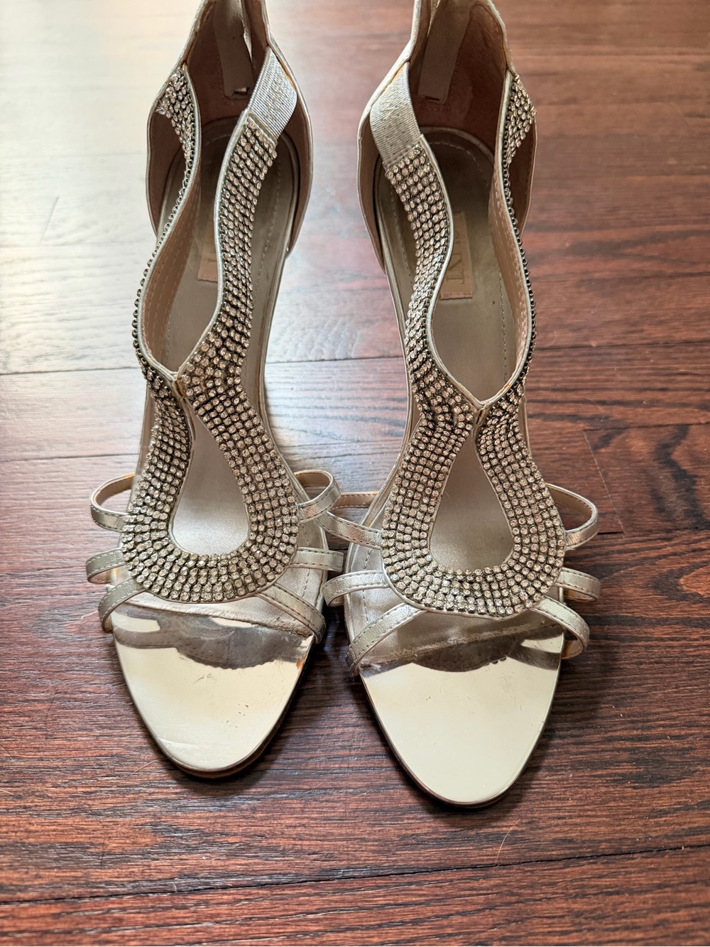 Embellished Silver T-Strap Heels